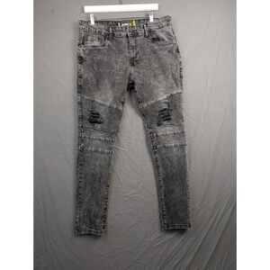 RAW X Mens Skinny Biker Jeans Gray Acid Wash Distressed Moto Denim 36x32